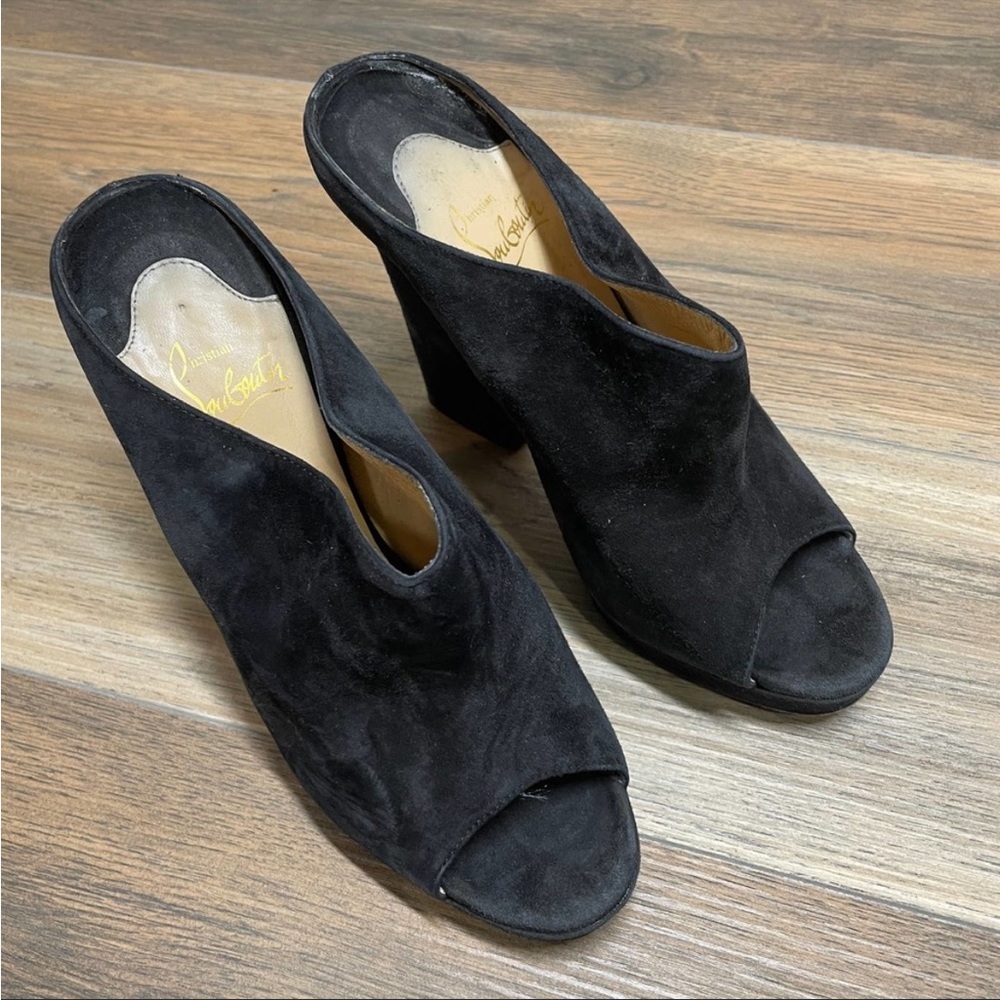 Christian Louboutin Roche Mule 120 Platform Heels Black Suede Peep Toe